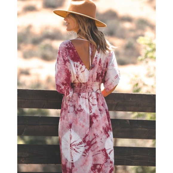 SOLD OUT Wine Kimono Tie Dye Boho Maxi Dress - Picture 3 of 7